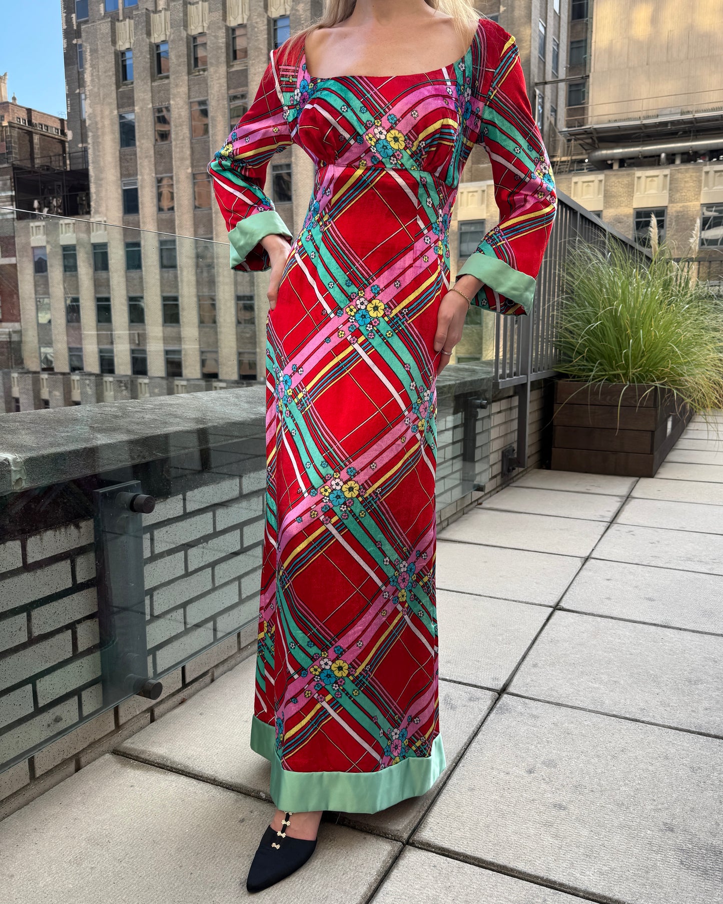 Vintage 1970s Couture Floral Plaid Velvet Gown