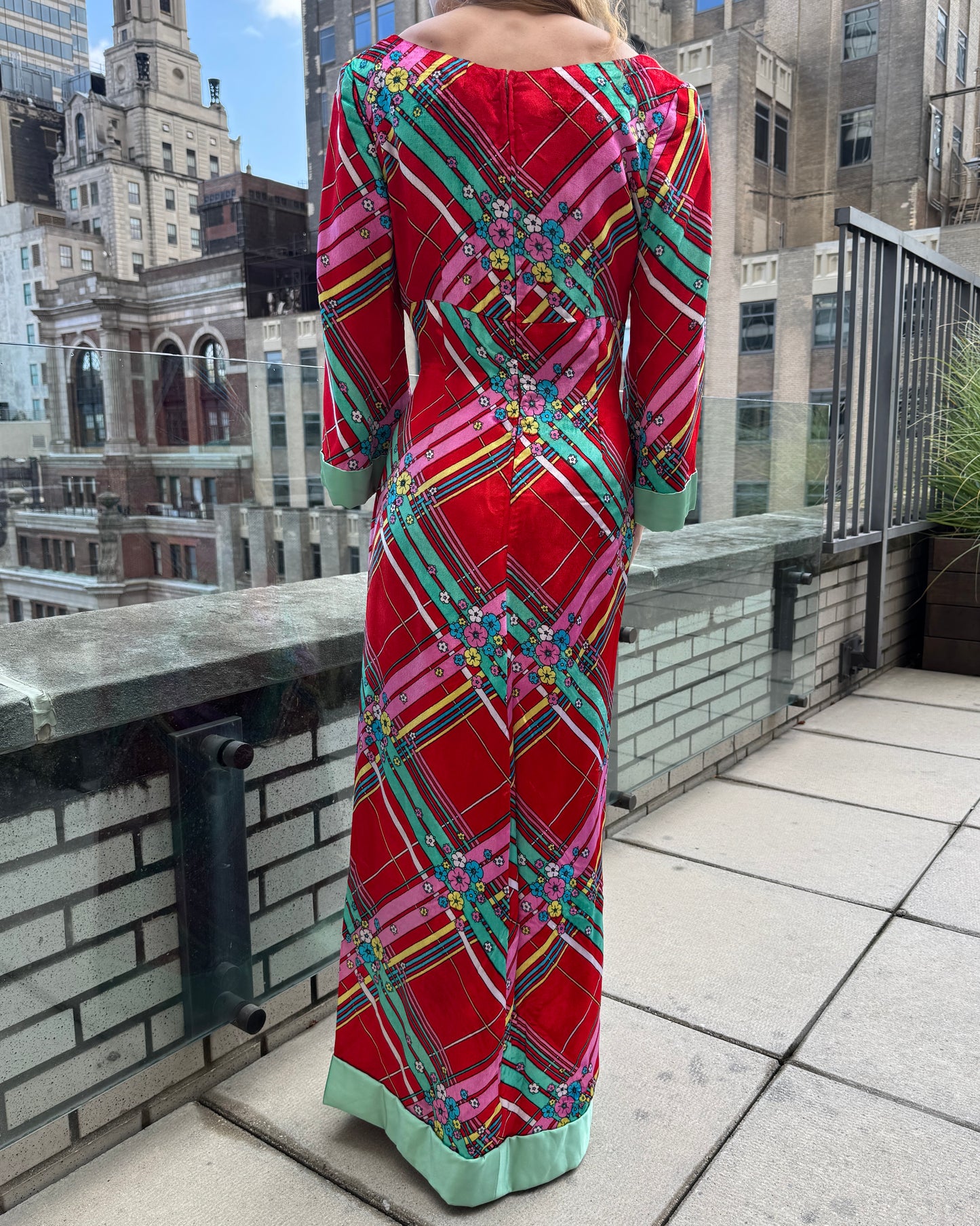 Vintage 1970s Couture Floral Plaid Velvet Gown