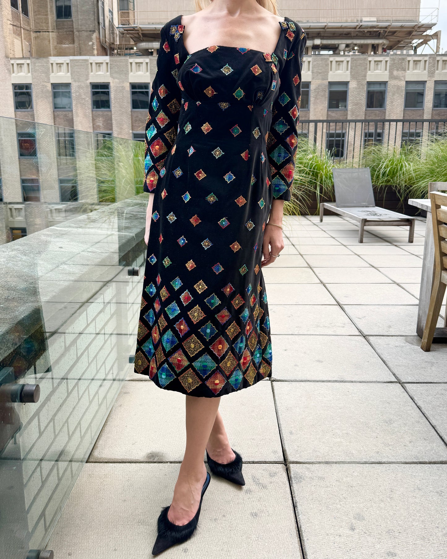 Vintage 1960s Couture Velveteen Dress with Embroidery and Appliqué