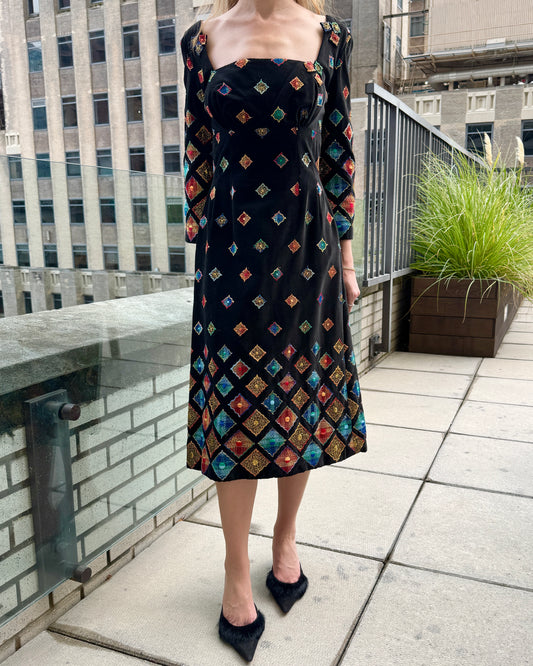 Vintage 1960s Couture Velveteen Dress with Embroidery and Appliqué