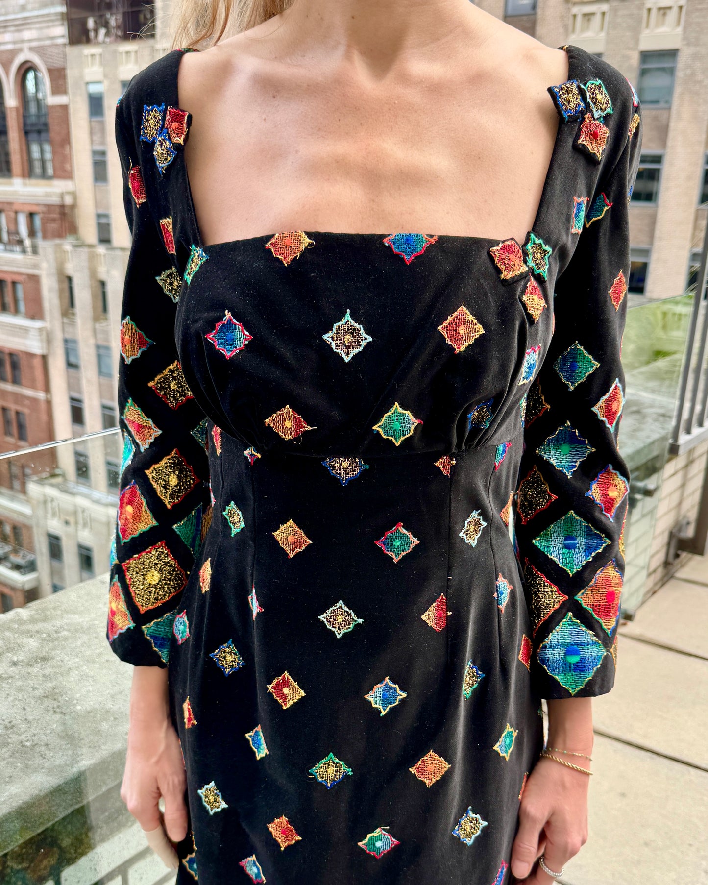 Vintage 1960s Couture Velveteen Dress with Embroidery and Appliqué