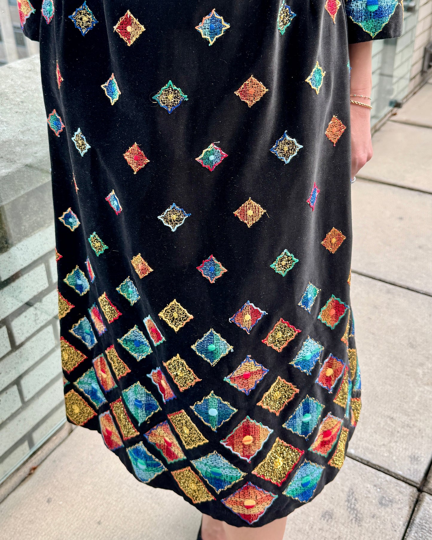 Vintage 1960s Couture Velveteen Dress with Embroidery and Appliqué