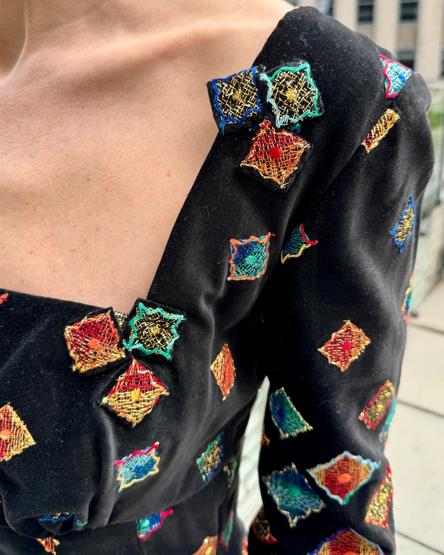 Vintage 1960s Couture Velveteen Dress with Embroidery and Appliqué