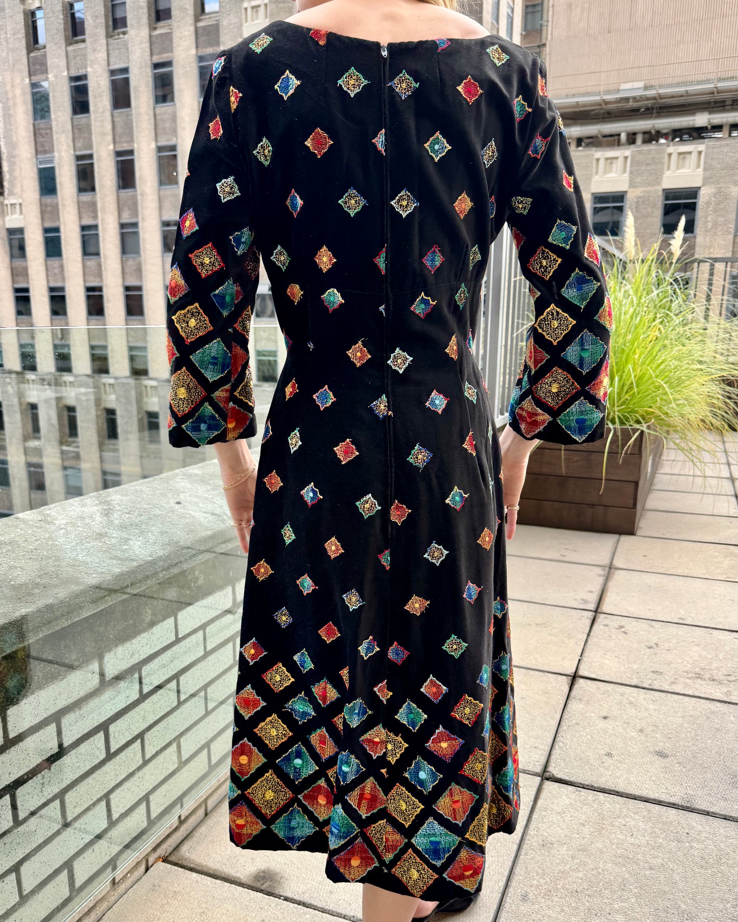 Vintage 1960s Couture Velveteen Dress with Embroidery and Appliqué