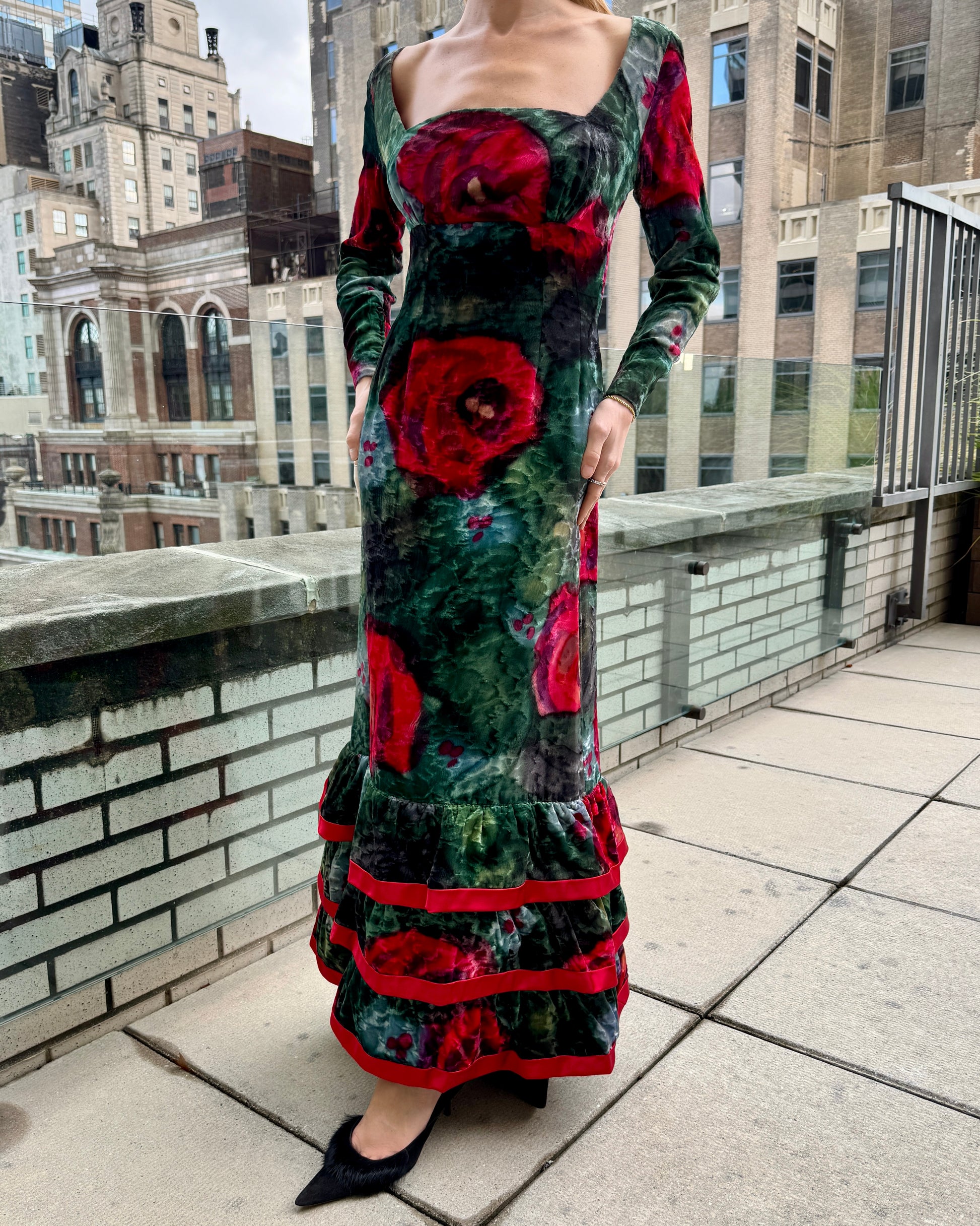 Vintage 1960s Couture Printed Velvet Gown with Tiered Ruffle Hem