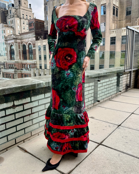Vintage 1960s Couture Printed Velvet Gown with Tiered Ruffle Hem