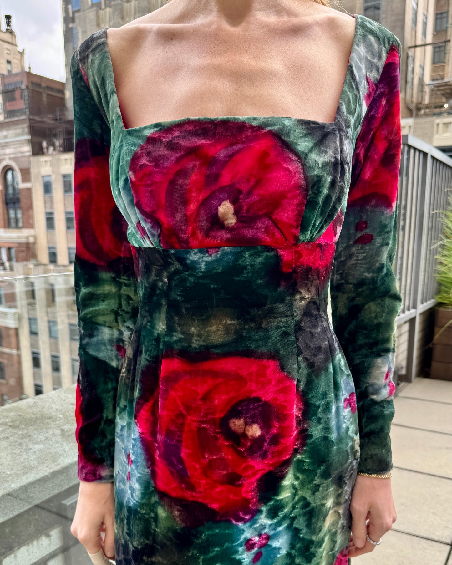 Vintage 1960s Couture Printed Velvet Gown with Tiered Ruffle Hem