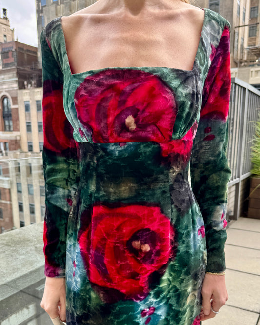 Vintage 1960s Couture Printed Velvet Gown with Tiered Ruffle Hem