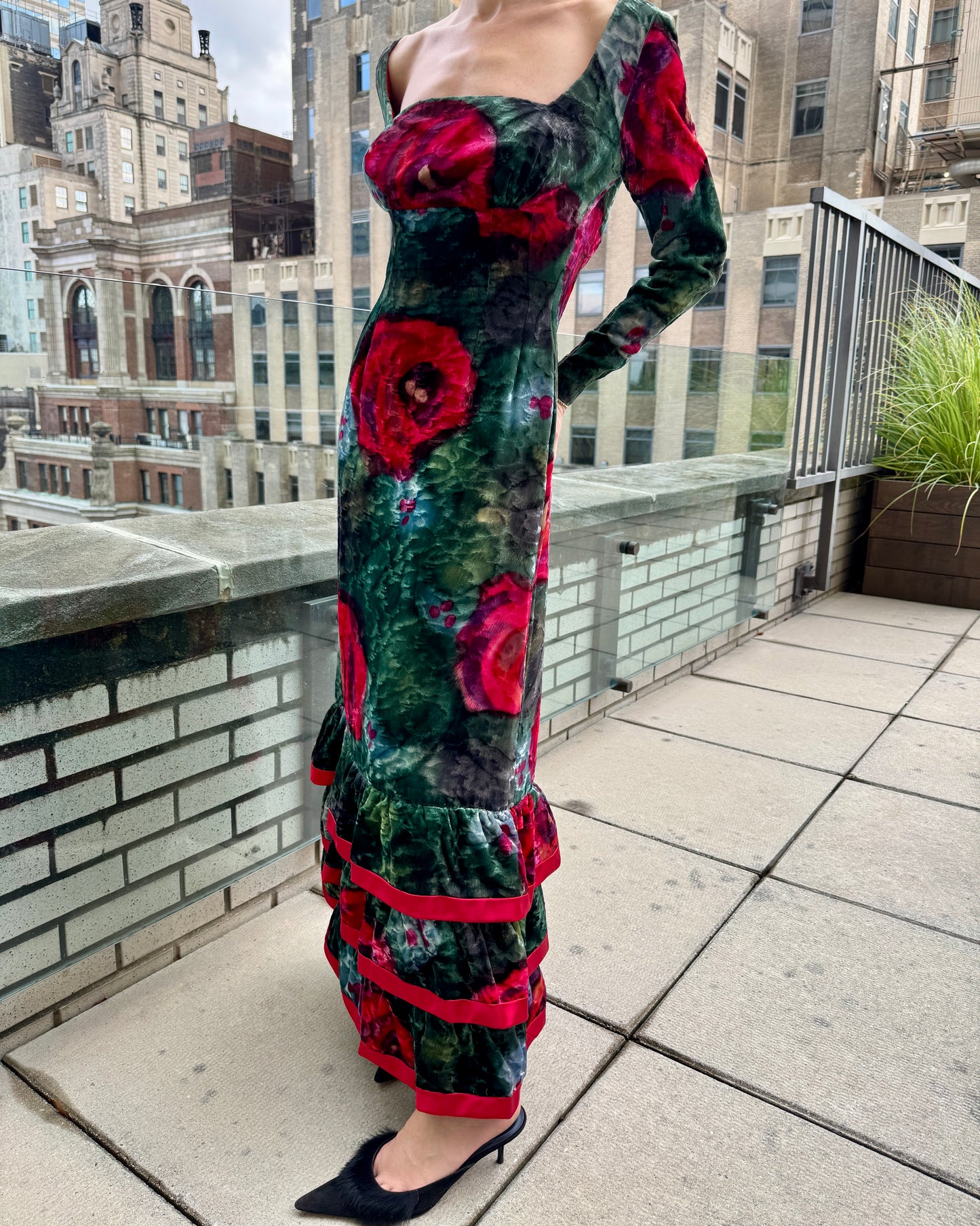Vintage 1960s Couture Printed Velvet Gown with Tiered Ruffle Hem – Very Breezy