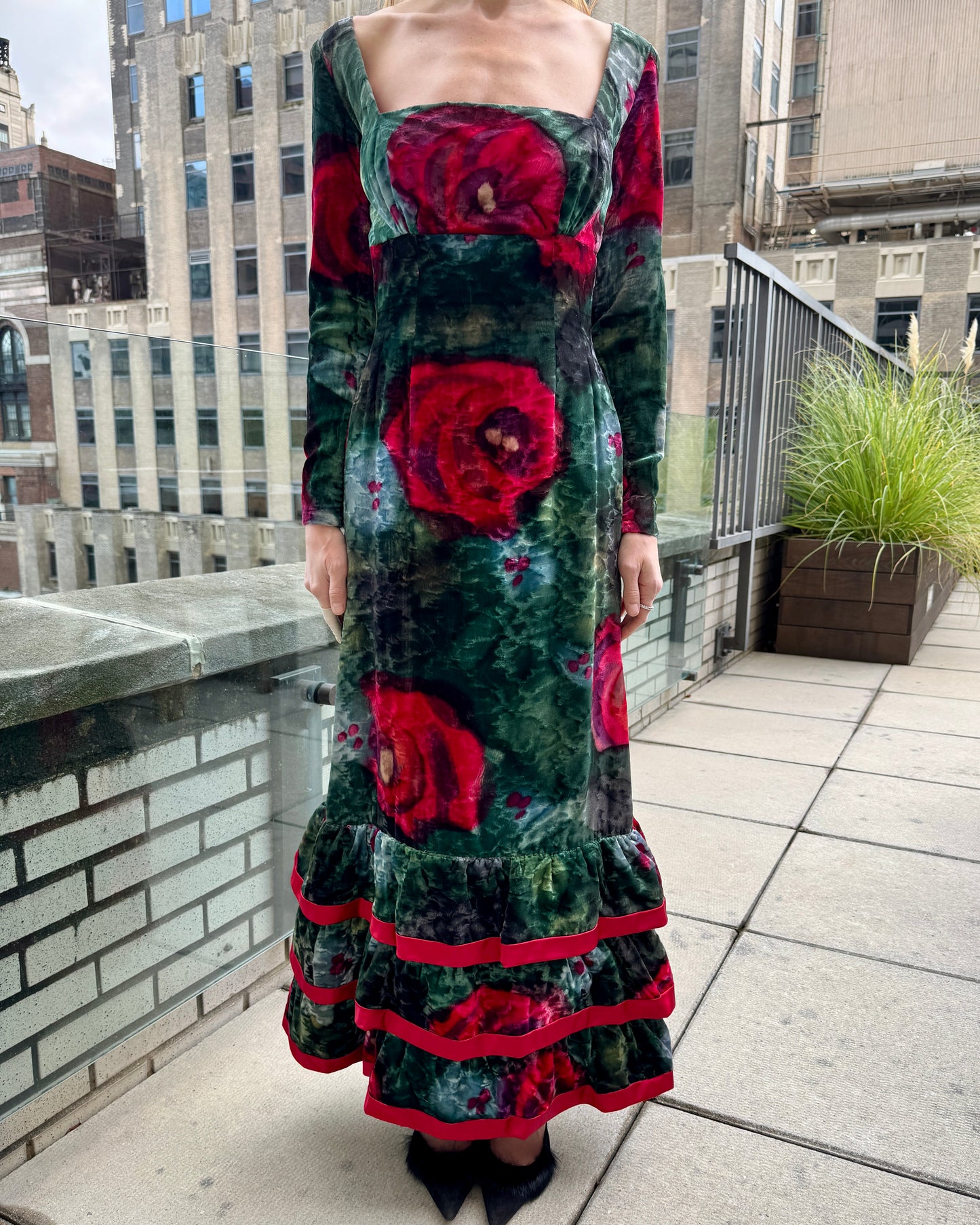 Vintage 1960s Couture Printed Velvet Gown with Tiered Ruffle Hem