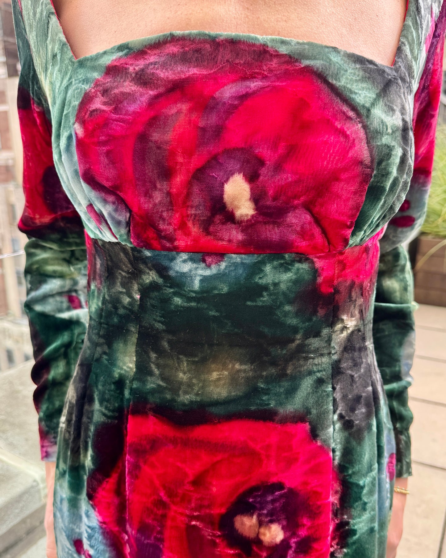 Vintage 1960s Couture Printed Velvet Gown with Tiered Ruffle Hem