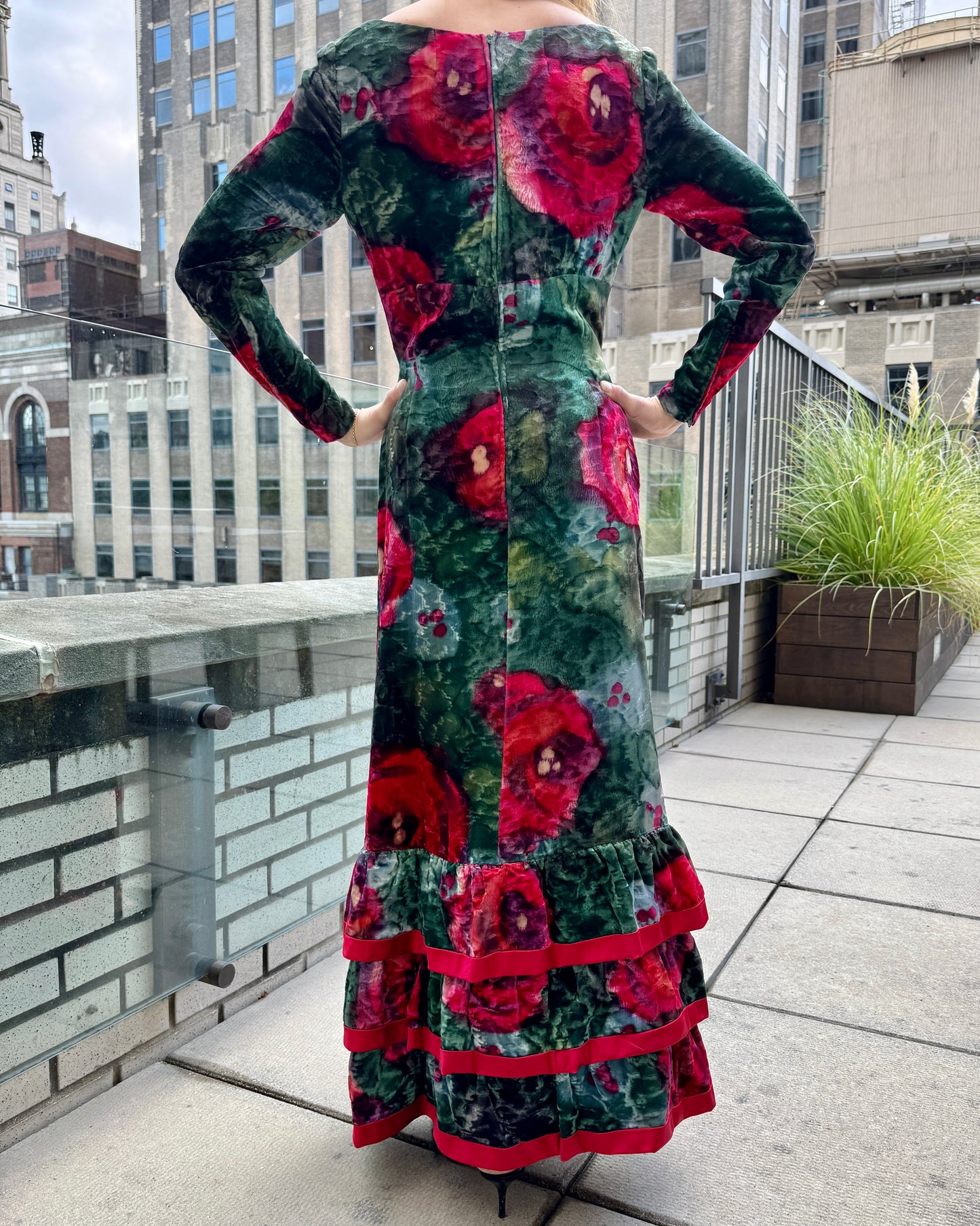 Vintage 1960s Couture Printed Velvet Gown with Tiered Ruffle Hem
