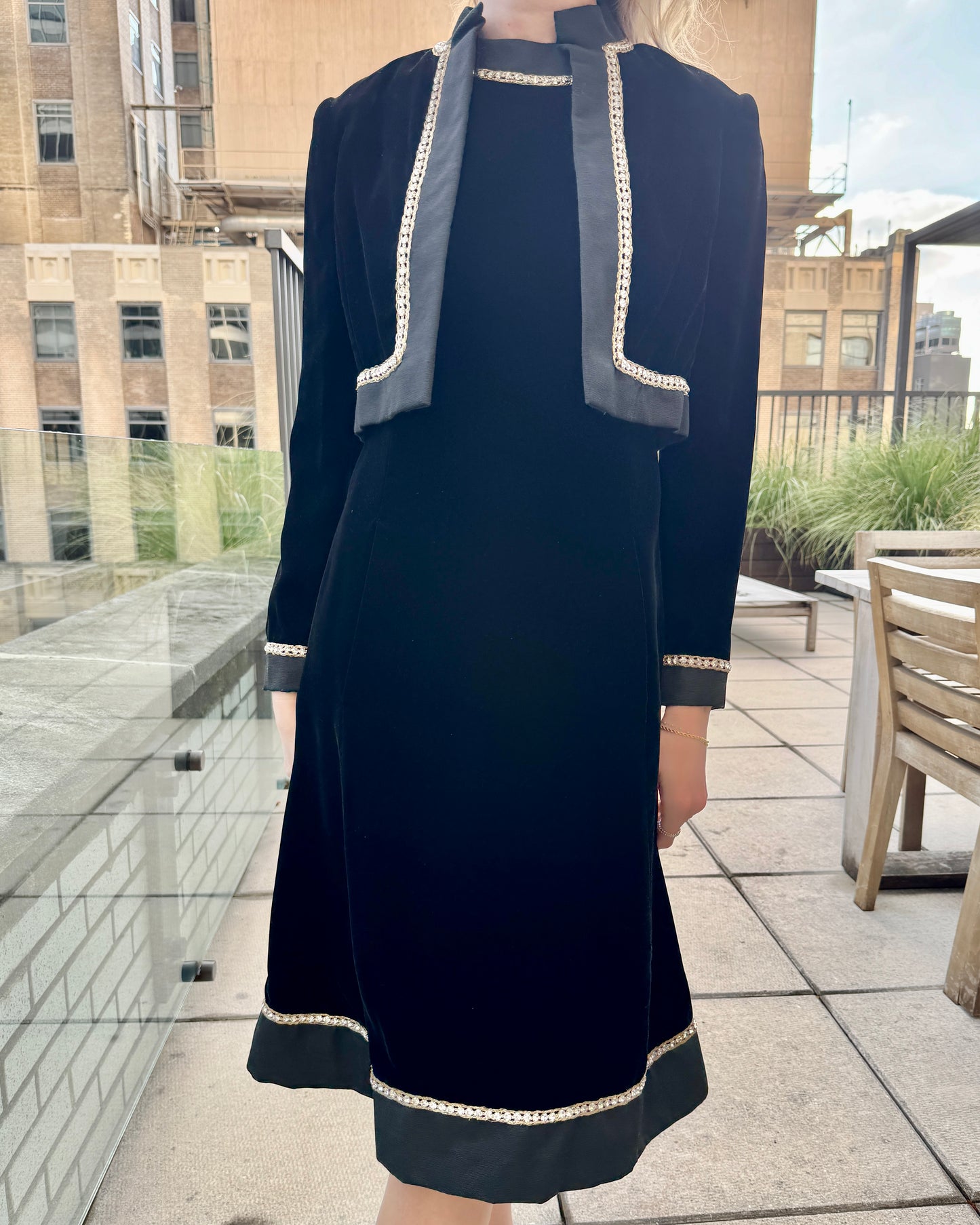 Vintage 1960s Malcolm Starr Velvet A-Line Dress + Jacket Set with Embellished Trim