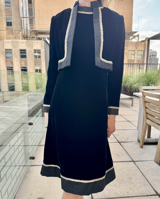 Vintage 1960s Malcolm Starr Velvet A-Line Dress + Jacket Set with Embellished Trim