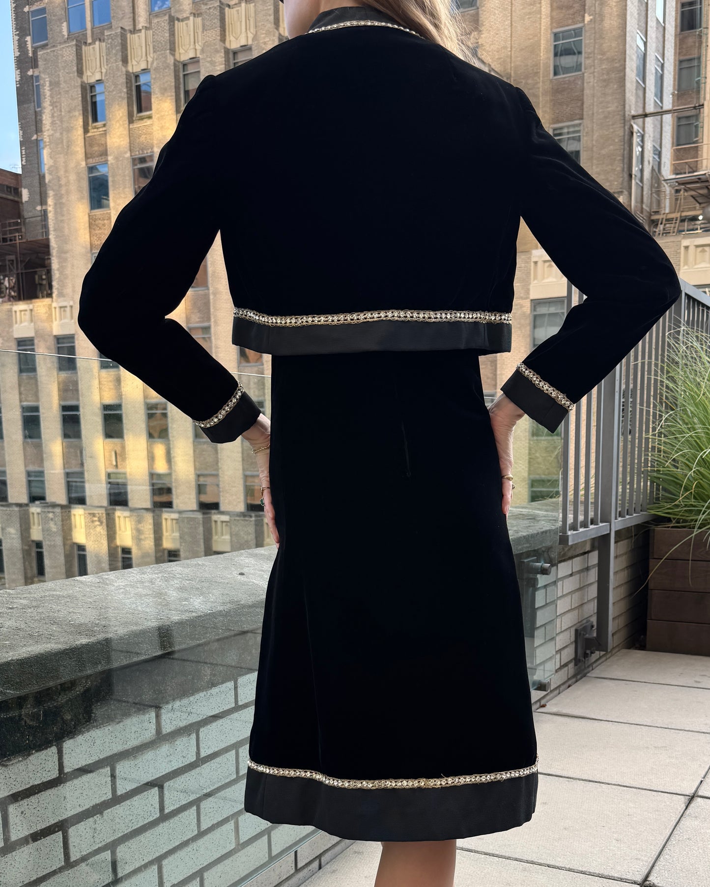 Vintage 1960s Malcolm Starr Velvet A-Line Dress + Jacket Set with Embellished Trim