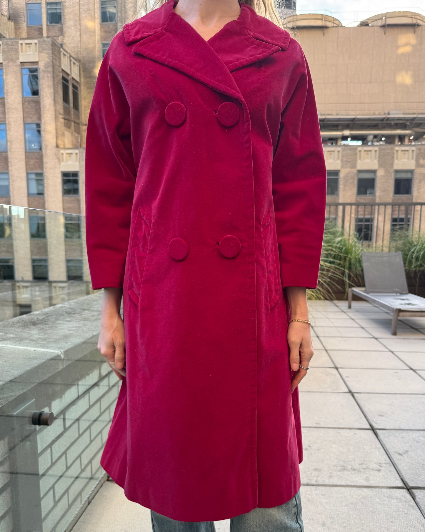 Vintage 1960s Red Velveteen Belted Trench Coat