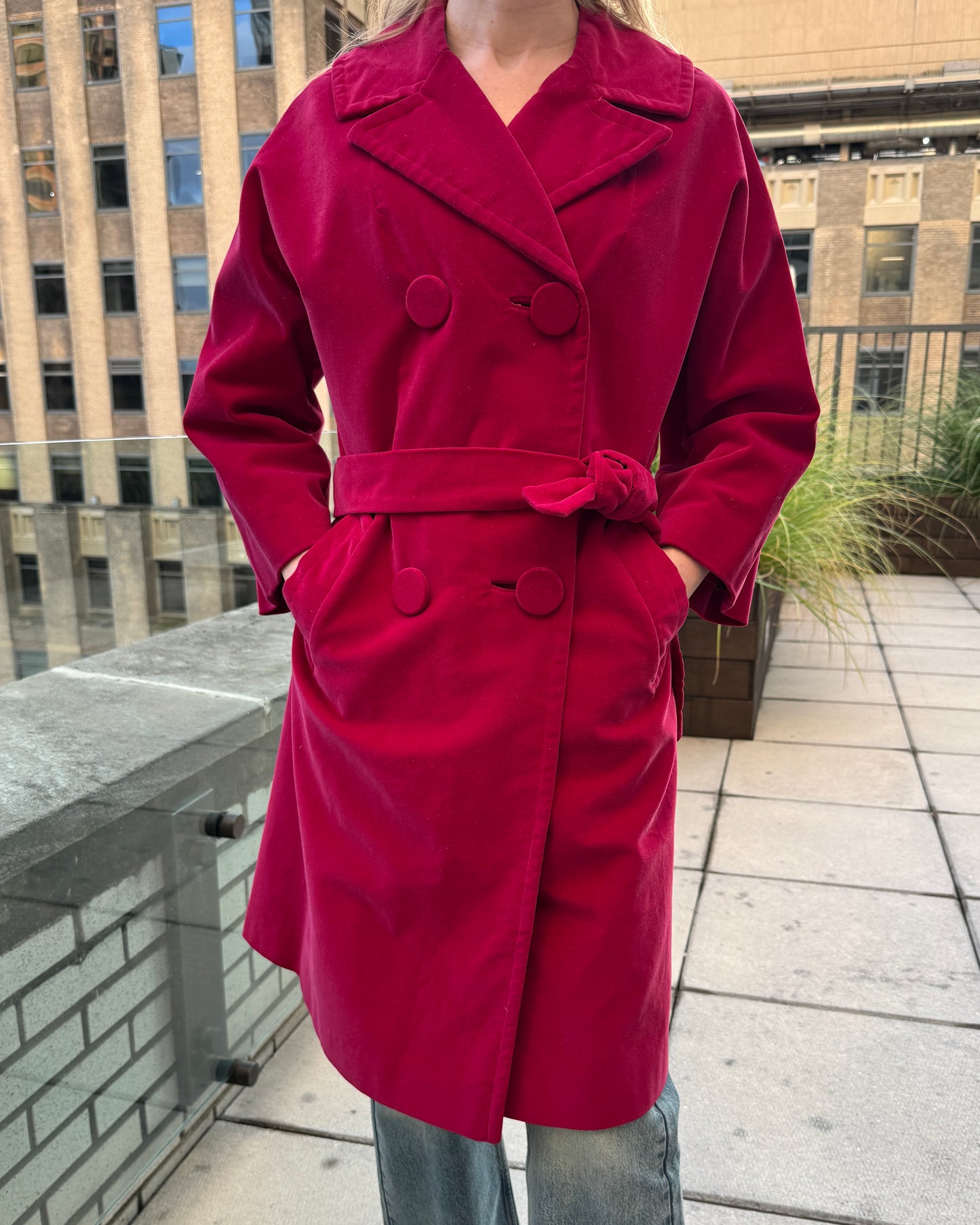 Vintage 1960s Red Velveteen Belted Trench Coat