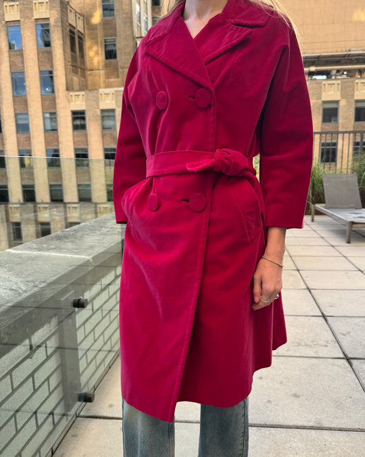 Vintage 1960s Red Velveteen Belted Trench Coat