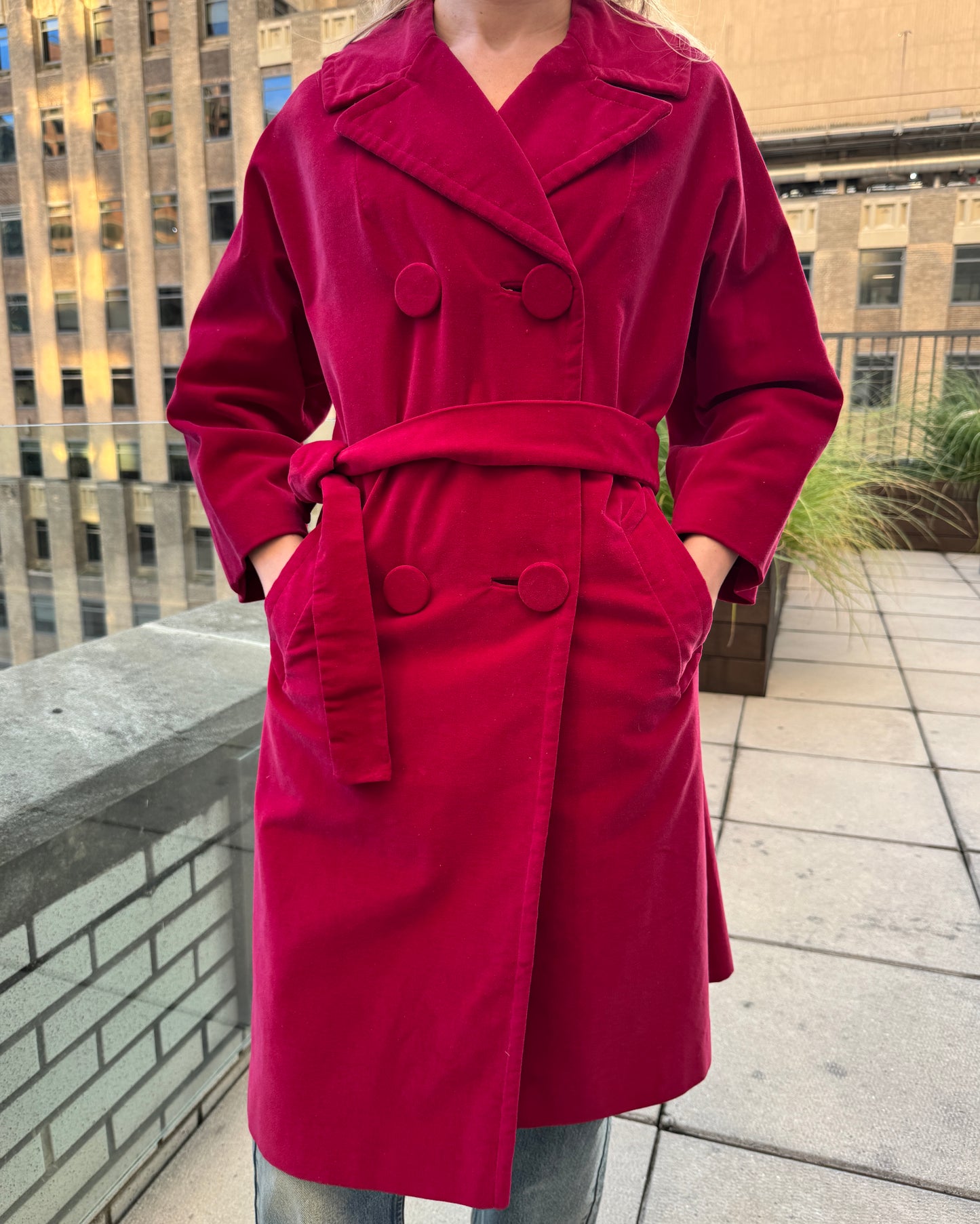 Vintage 1960s Red Velveteen Belted Trench Coat