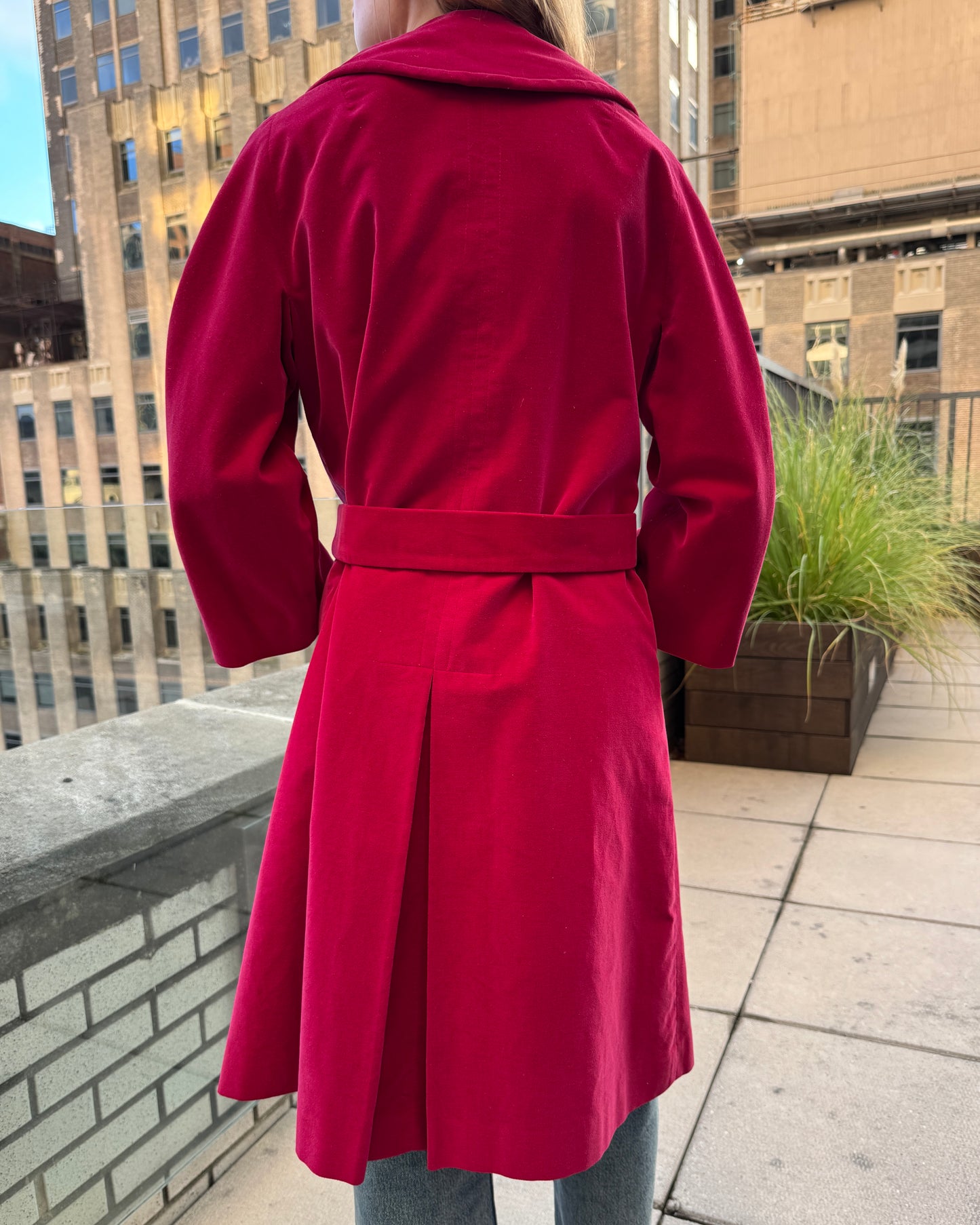 Vintage 1960s Red Velveteen Belted Trench Coat
