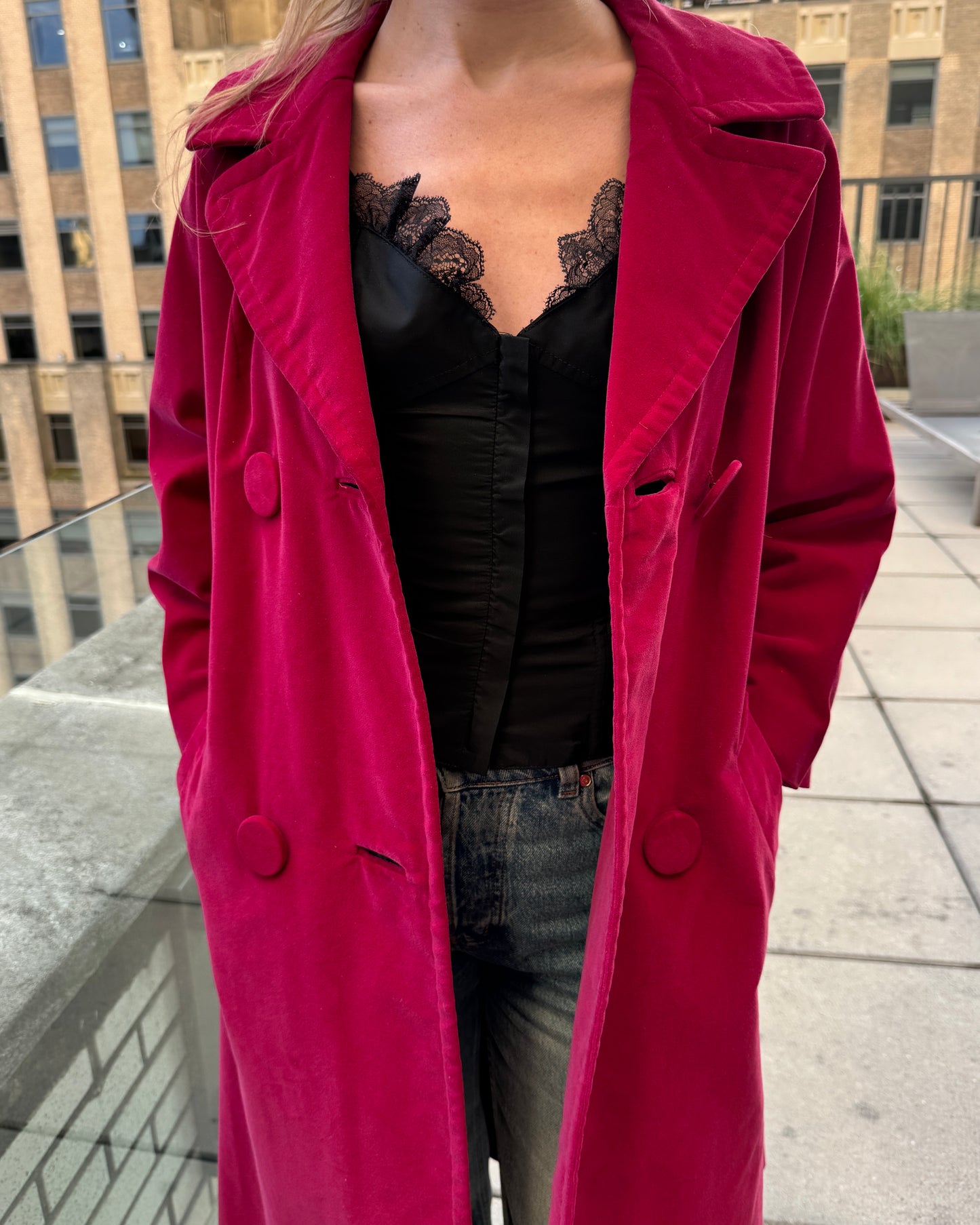 Vintage 1960s Red Velveteen Belted Trench Coat