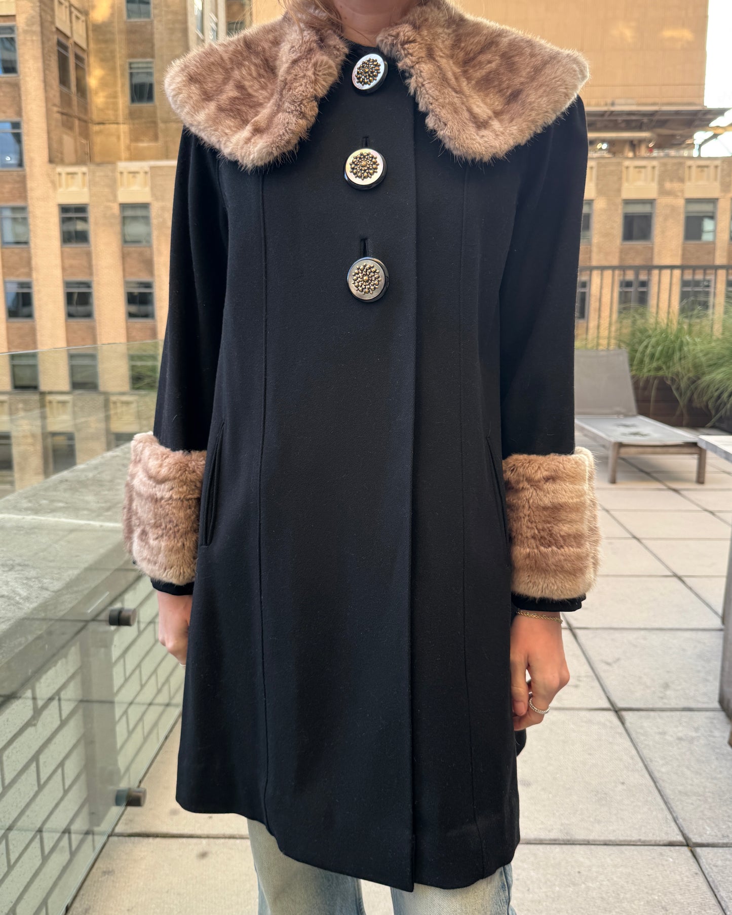 Vintage 1960s Wool Swing Coat with Oversized Fur Collar + Cuffs