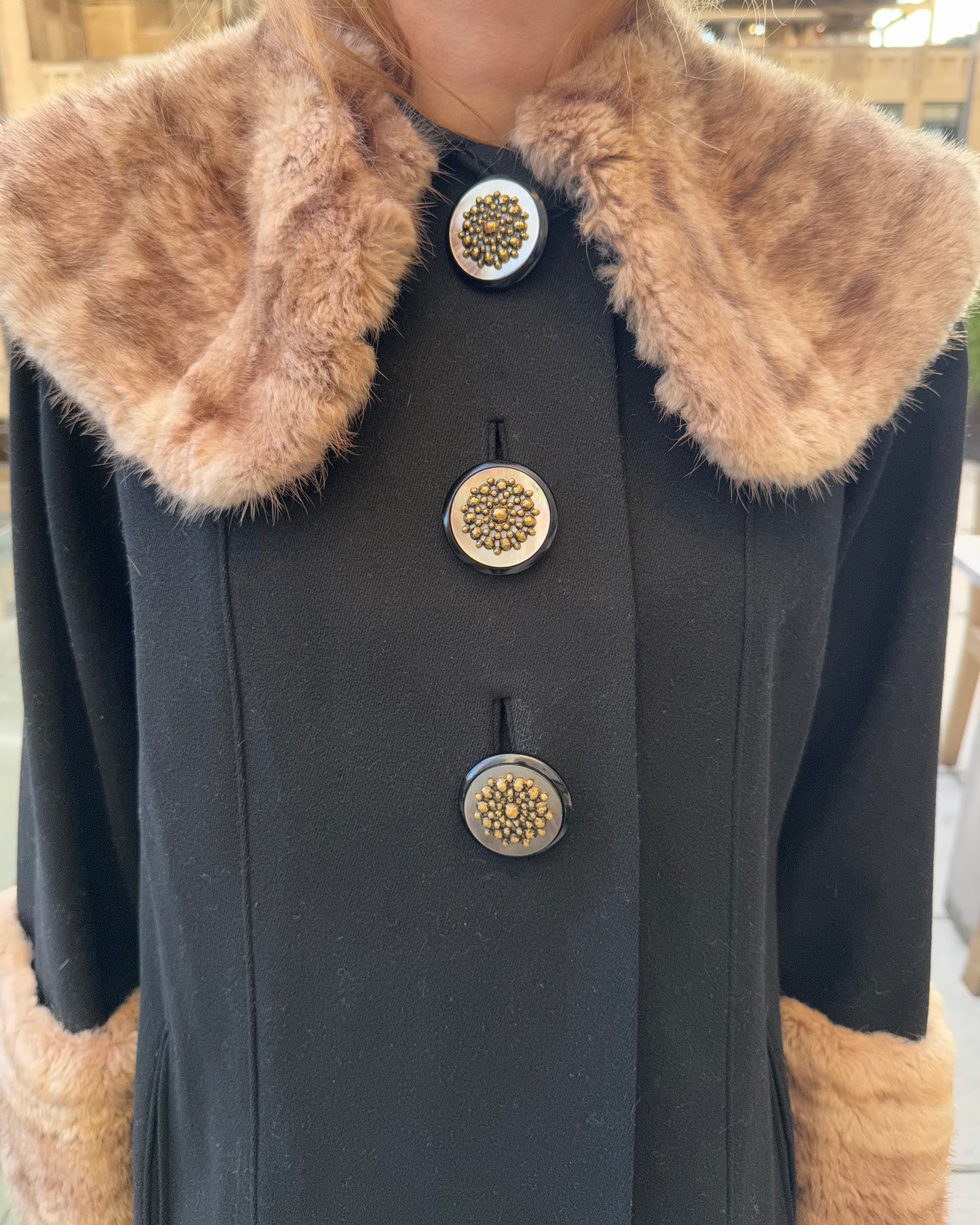 Vintage 1960s Wool Swing Coat with Oversized Fur Collar + Cuffs