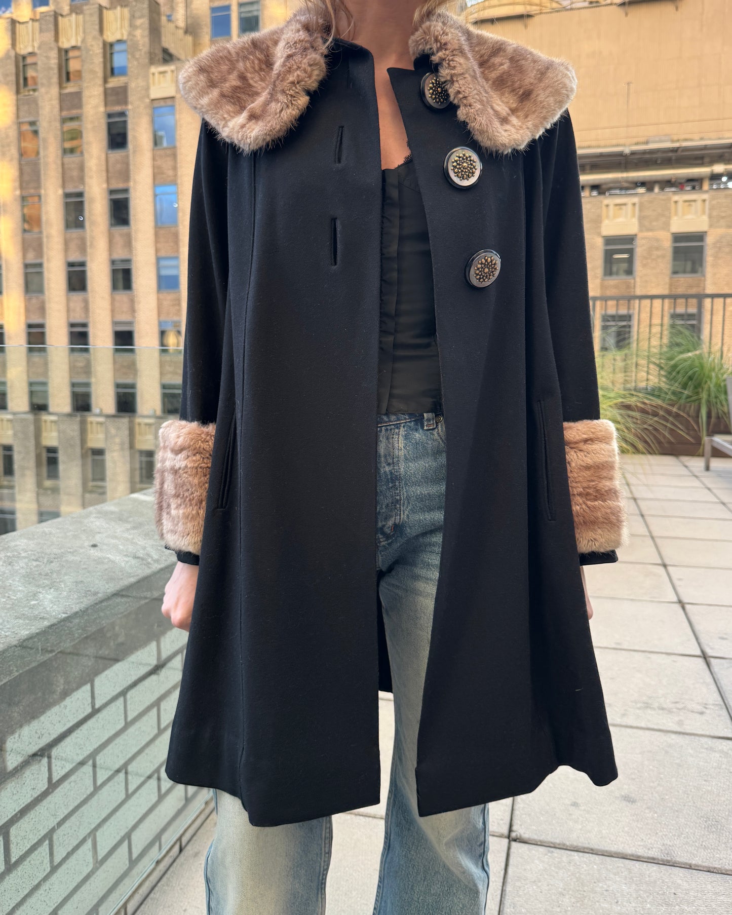 Vintage 1960s Wool Swing Coat with Oversized Fur Collar + Cuffs