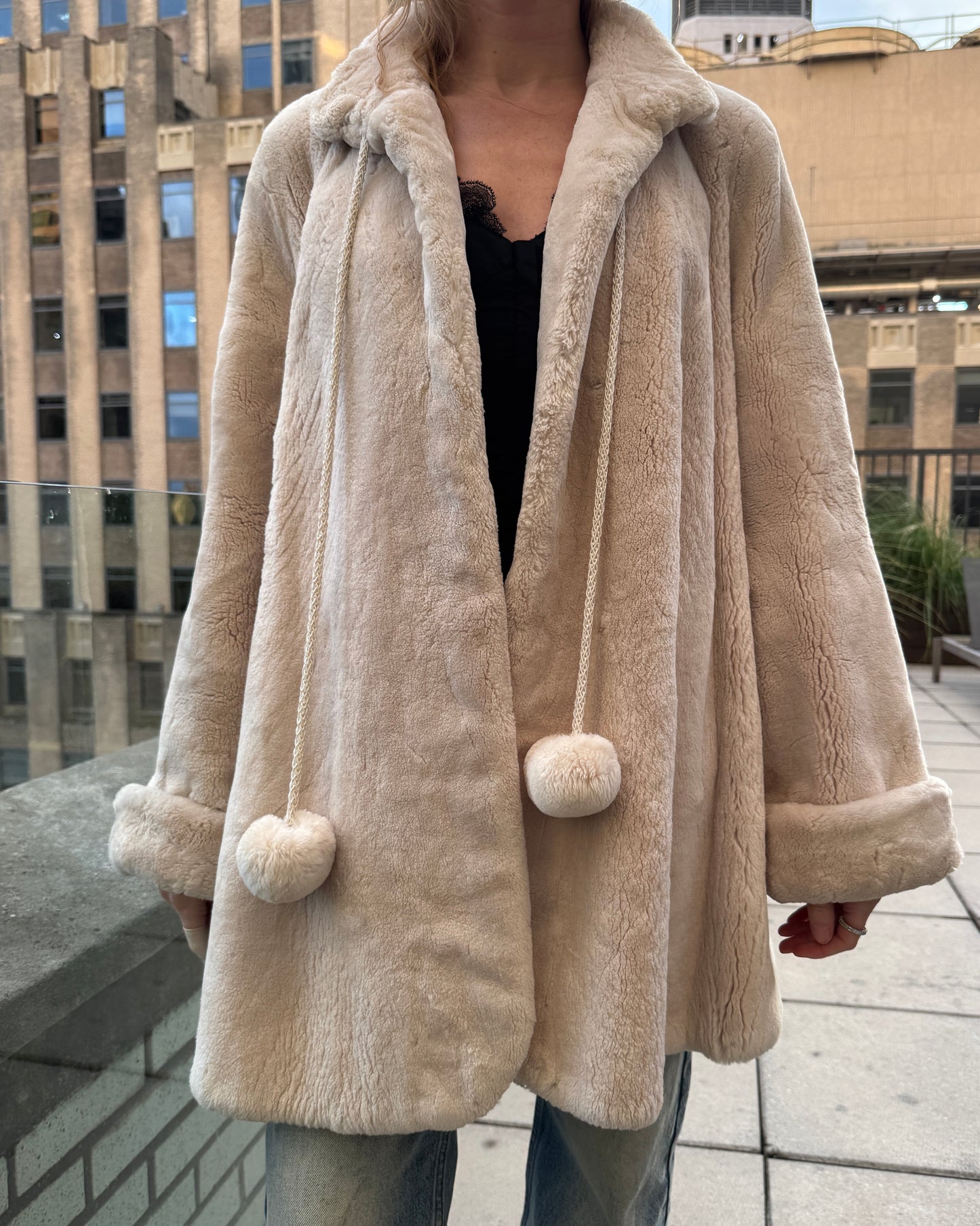 Vintage Revillon Ivory Sheared Beaver Swing Coat with Pom Pom Ties
