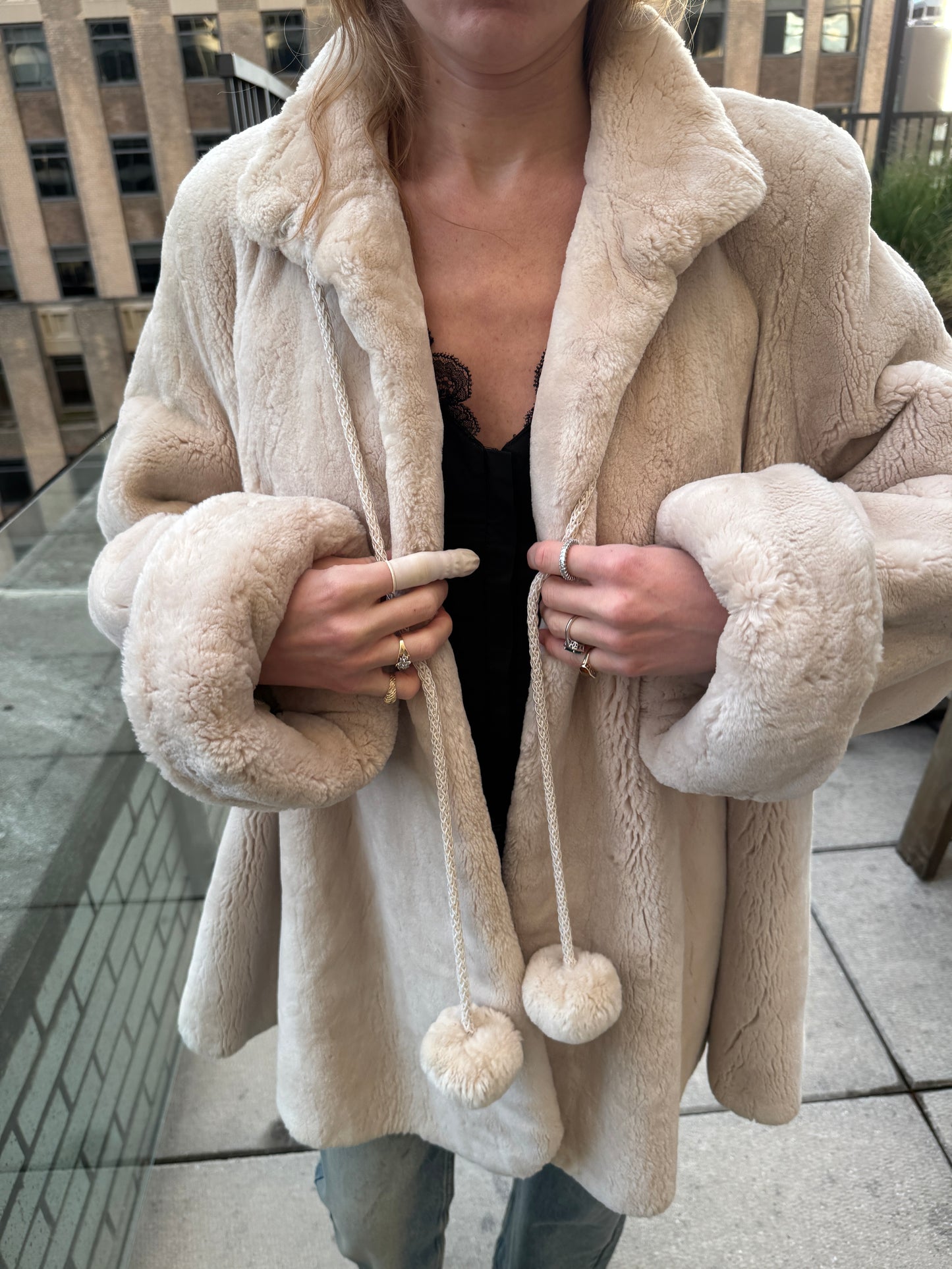 Vintage Revillon Ivory Sheared Beaver Swing Coat with Pom Pom Ties