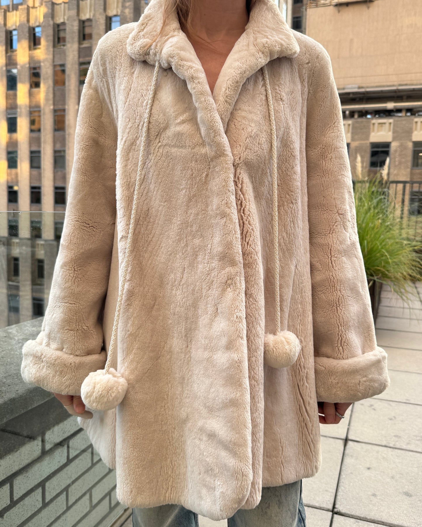 Vintage Revillon Ivory Sheared Beaver Swing Coat with Pom Pom Ties