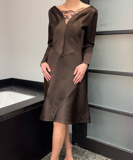 Vintage 1970s Bill Blass Lace-Inset Satin Cocktail Dress with Bustled Back