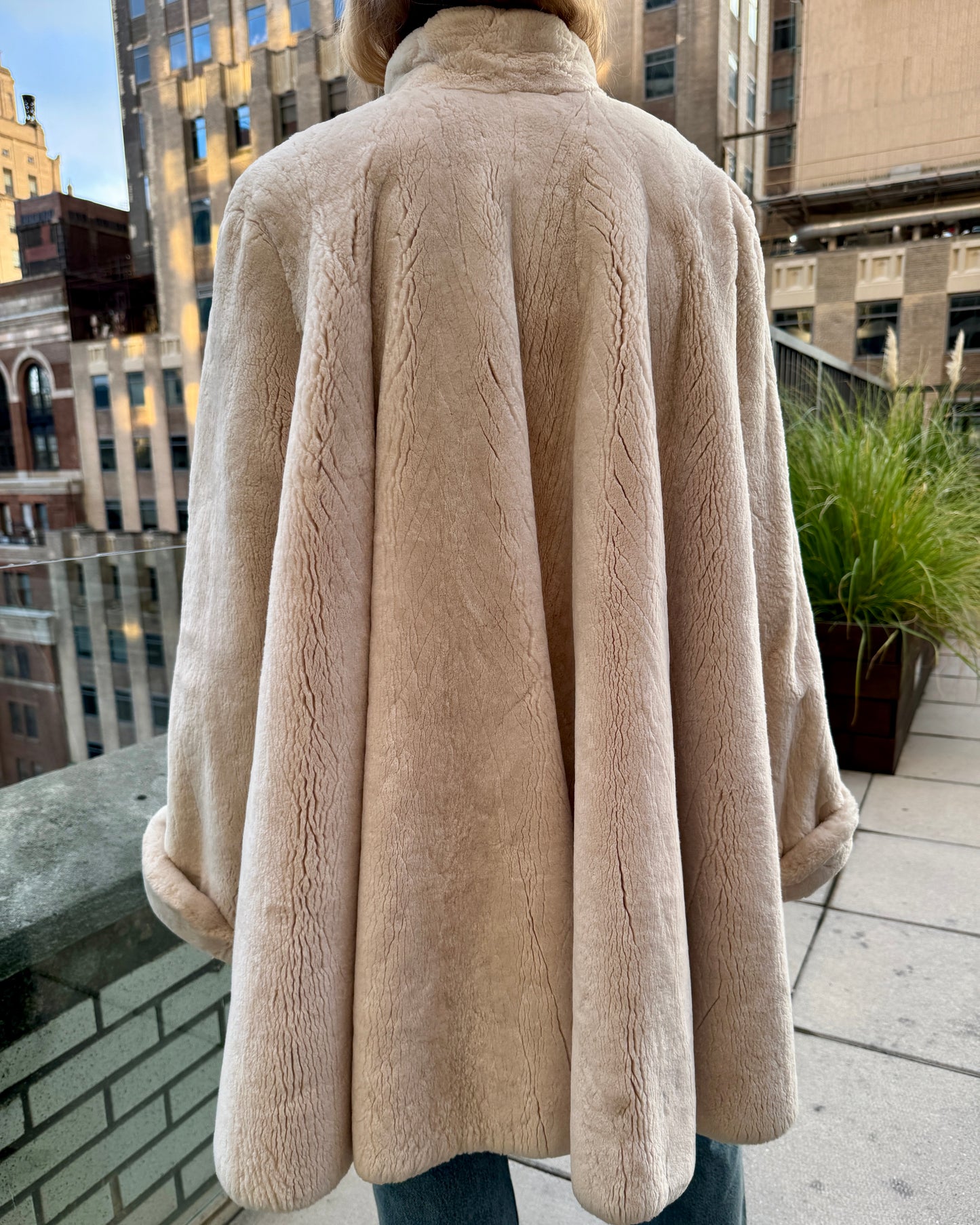 Vintage Revillon Ivory Sheared Beaver Swing Coat with Pom Pom Ties