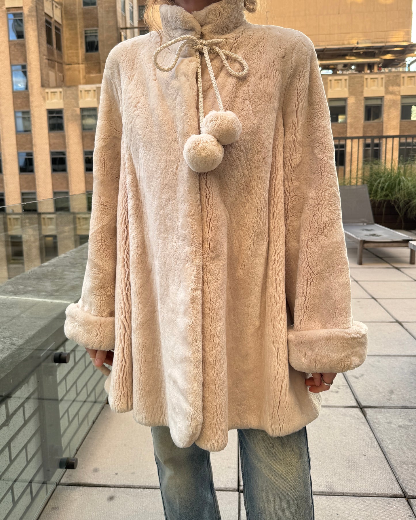 Vintage Revillon Ivory Sheared Beaver Swing Coat with Pom Pom Ties
