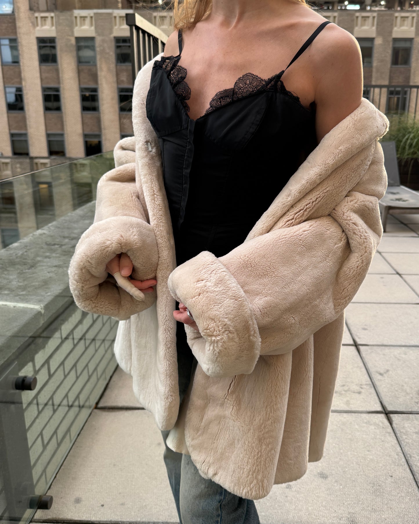 Vintage Revillon Ivory Sheared Beaver Swing Coat with Pom Pom Ties