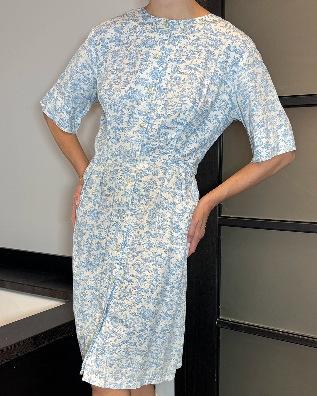 Vintage Midcentury Cotton Toile Button-Front Dress