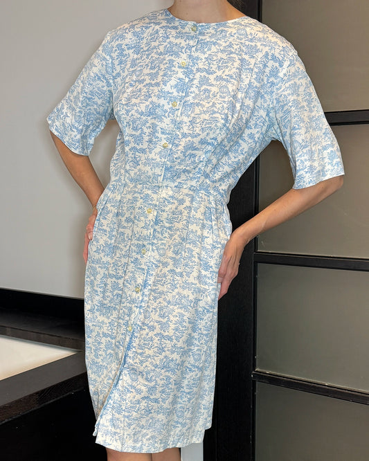Vintage Midcentury Cotton Toile Button-Front Dress
