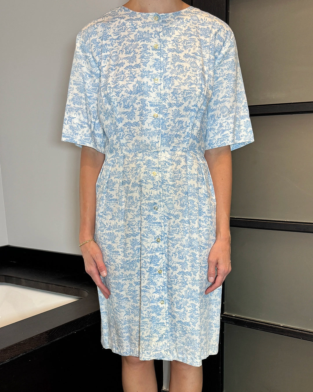 Vintage Midcentury Cotton Toile Button-Front Dress