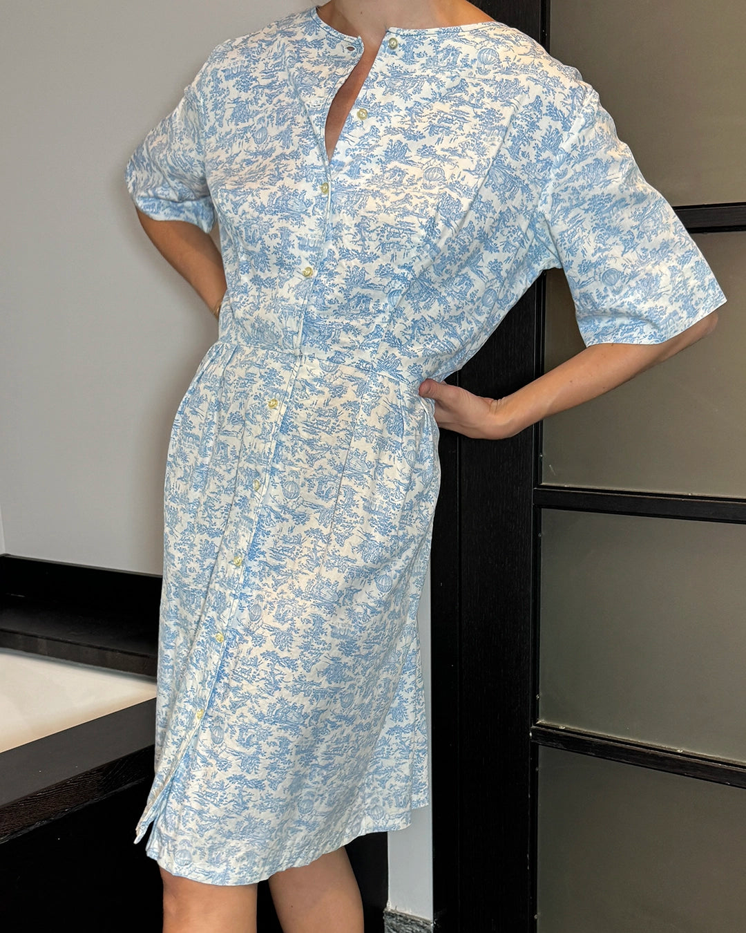 Vintage Midcentury Cotton Toile Button-Front Dress