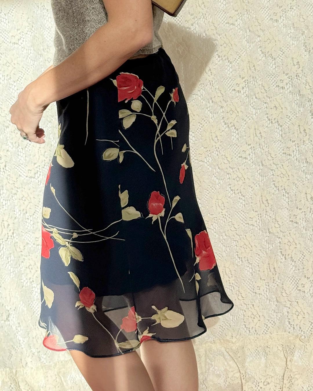 Vintage Rose Print Bias Cut Chiffon Skirt