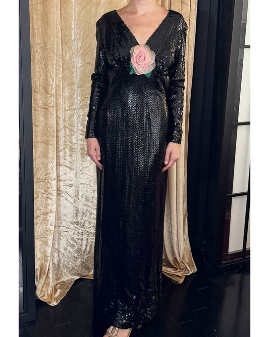 Vintage 1970s Long Sleeve Sequin Gown with Flower Appliqué