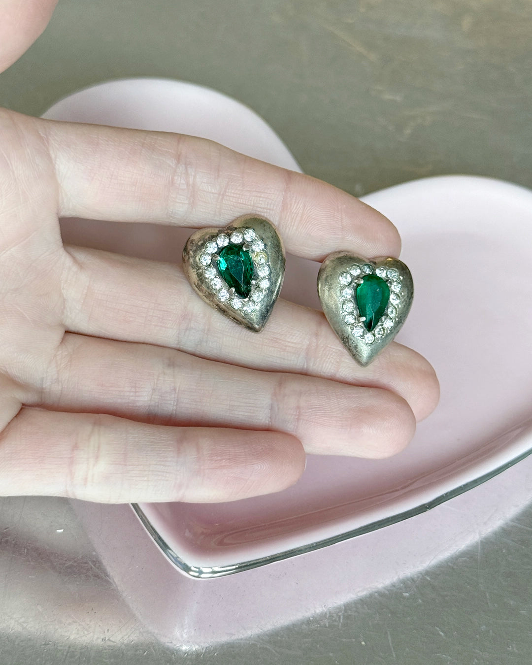 Antique 1920s Art Deco Sterling Silver Heart Earrings with Green Gemstone