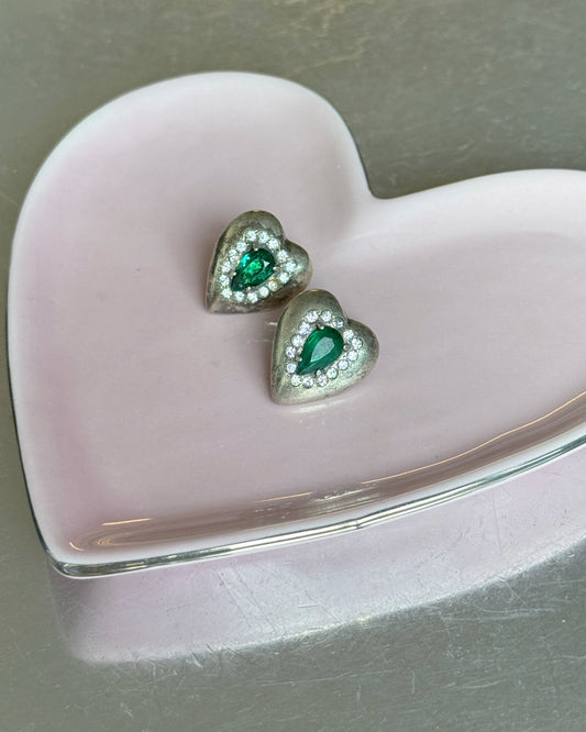 Antique 1920s Art Deco Sterling Silver Heart Earrings with Green Gemstone