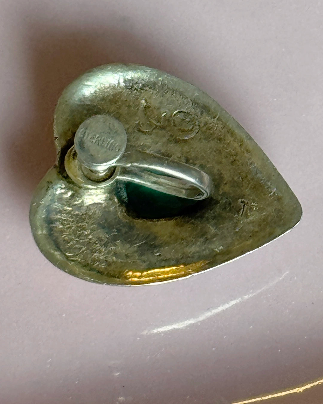 Antique 1920s Art Deco Sterling Silver Heart Earrings with Green Gemstone