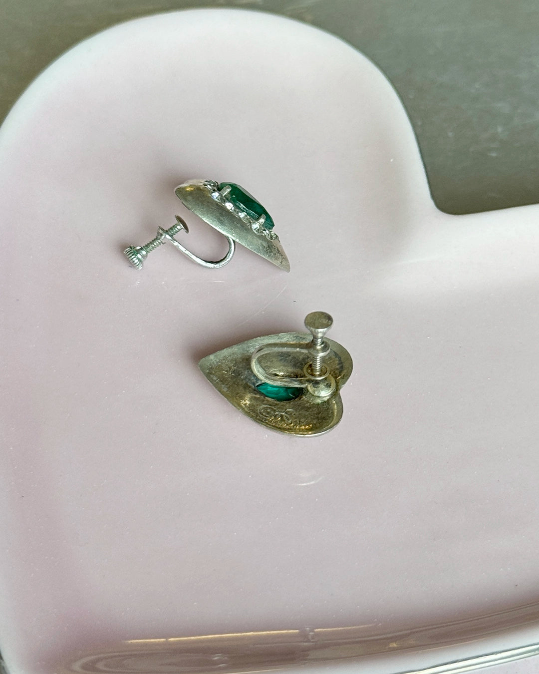 Antique 1920s Art Deco Sterling Silver Heart Earrings with Green Gemstone