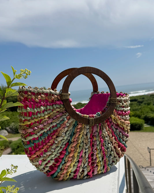 Vintage Rainbow Straw Bag with Wooden Handle
