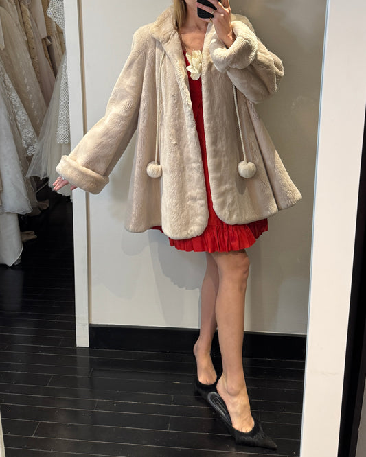 Vintage Revillon Ivory Sheared Beaver Swing Coat with Pom Pom Ties