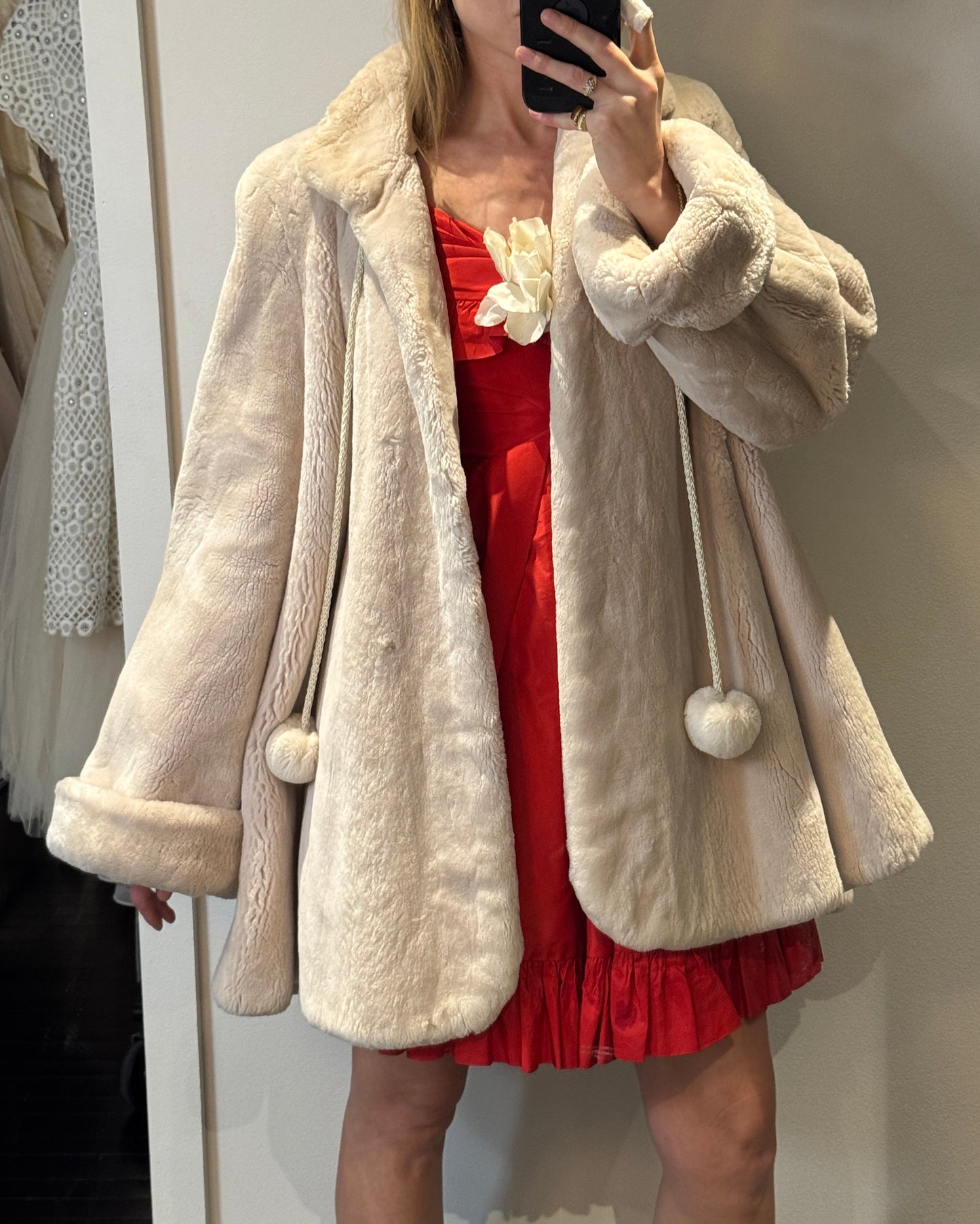 Vintage Revillon Ivory Sheared Beaver Swing Coat with Pom Pom Ties