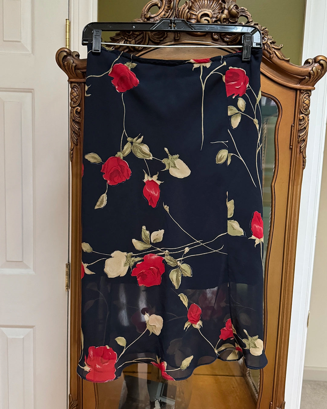 Vintage Rose Print Bias Cut Chiffon Skirt