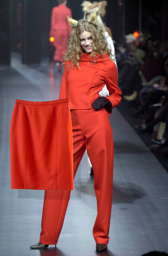 Custom for LR: Thierry Mugler Fall 1992 Cutout Zigzag Suit + Thierry Mugler Fall 2000 Red Bateau Neckline Skirt Suit